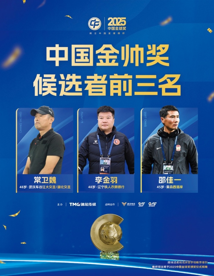 开云百家乐-中国金帅奖候选前三名出炉：常卫魏、李金羽、邵佳一入围